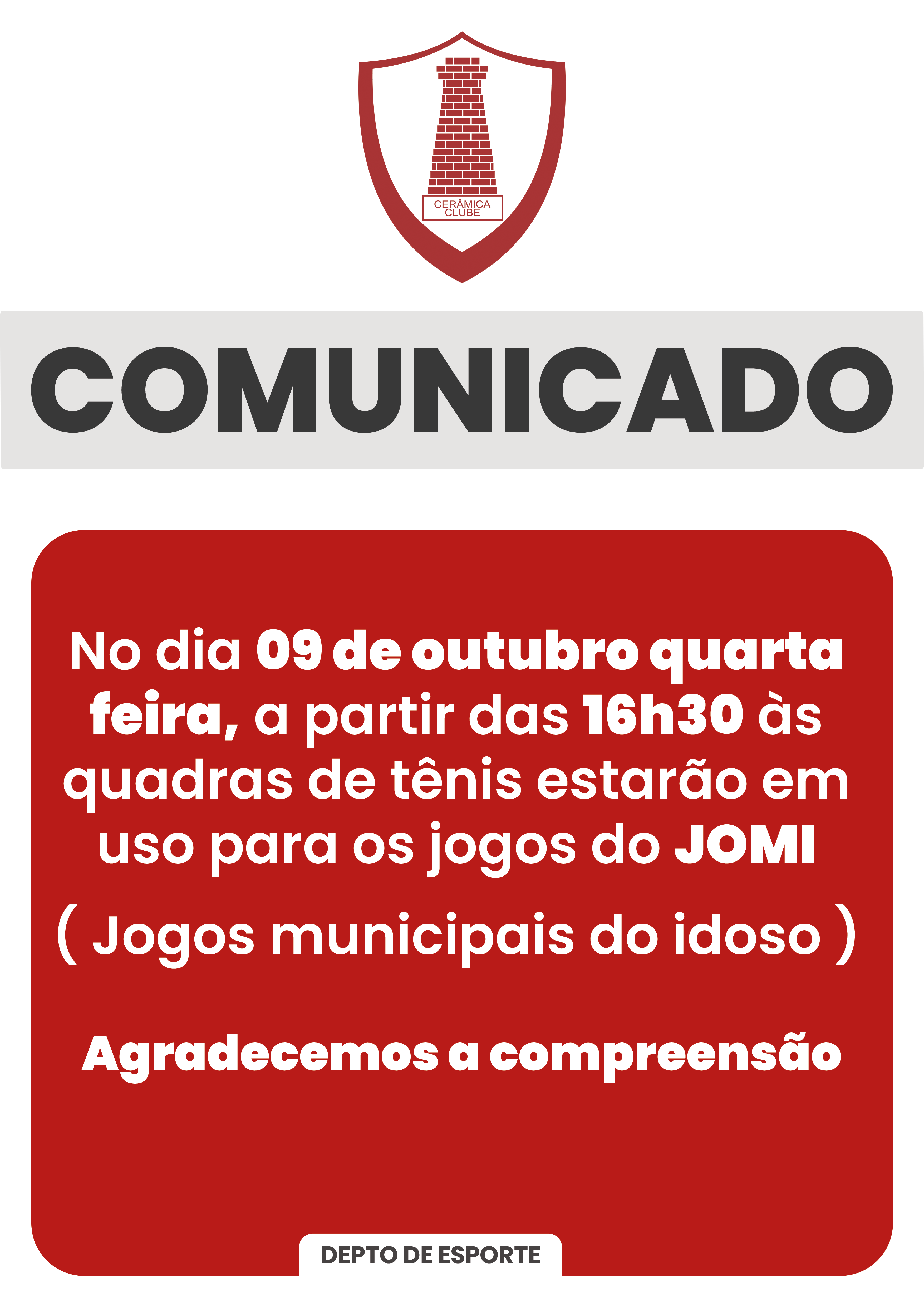 Comunicado Quadras de Tênis de Campo