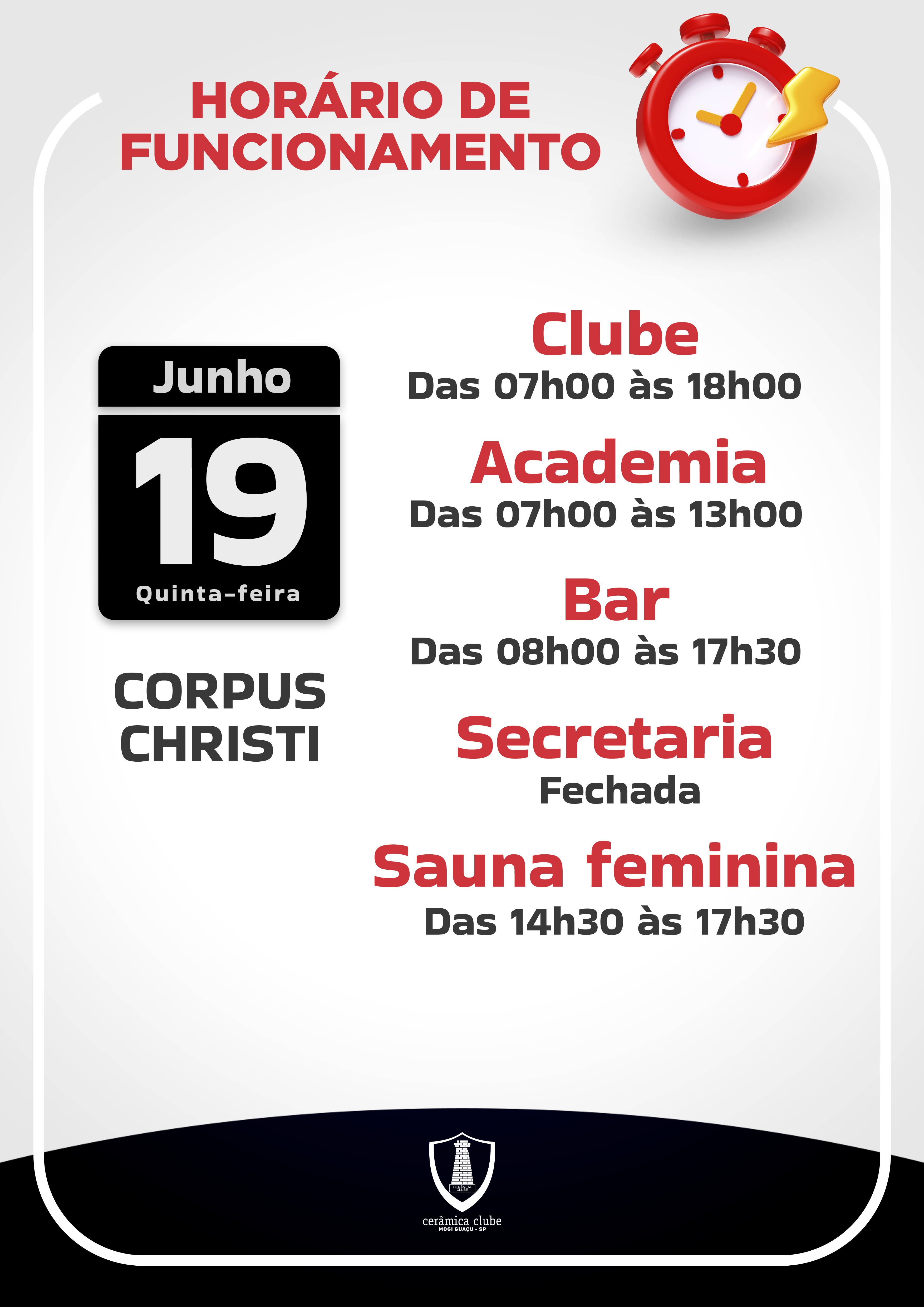 Horário Funcionamento – Feriado 19/06